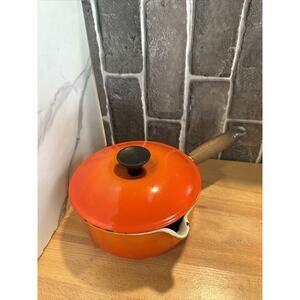 LE CREUSET Burnt Orange Enamel Cast Iron #18 Sauce Pan Wood Handle Lid - France